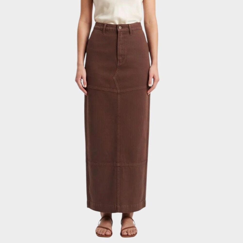 Naked Wardrobe V-Waist Denim Maxi Skirt Chocolate Brown Paneled Multi-Seam